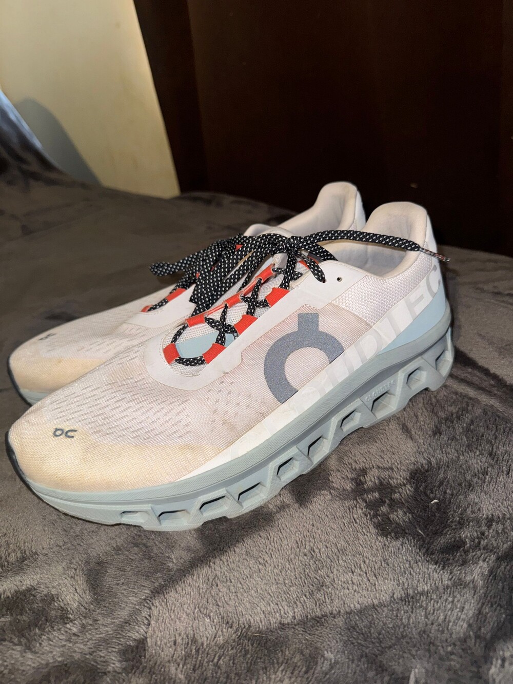 On Cloudmonster Running Shoe Size 12.5 White Mesh Synthetic Upper